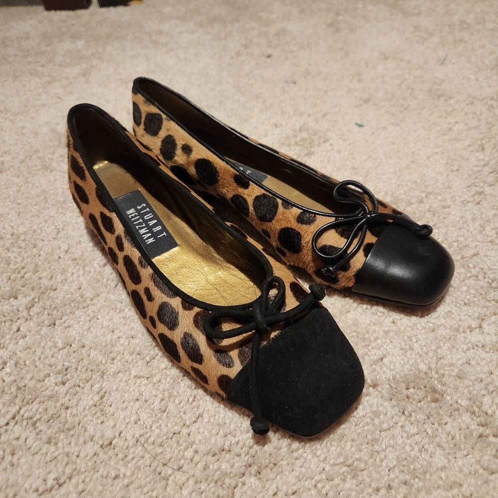 Stuart Weitzman Leopard Haircalf Ballet Flats with Black Toe Caps